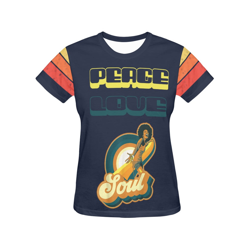 Peace, Love. and Soul All Over Print T-Shirt for Women